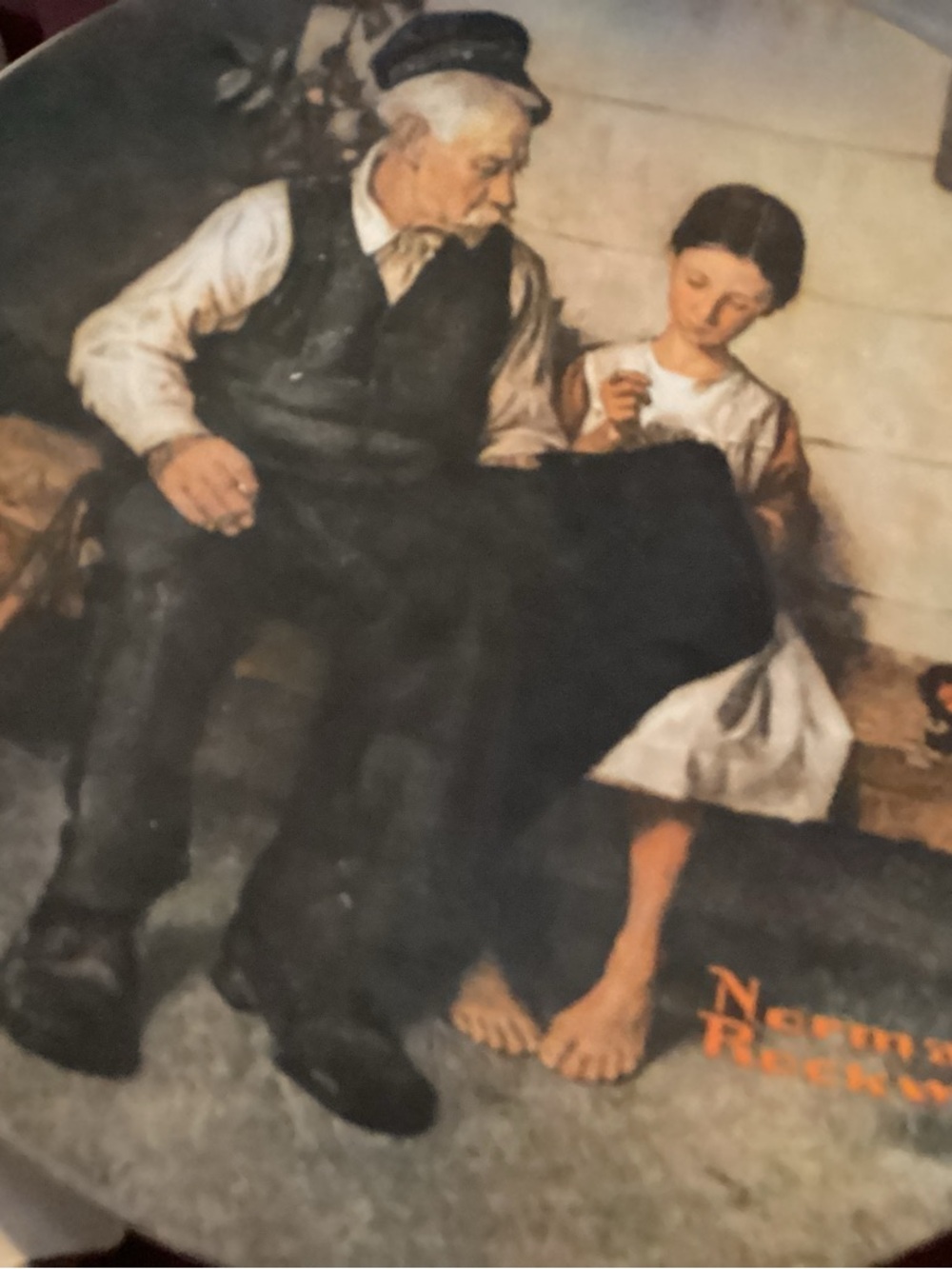 Vintage Illustration Decorative Plate with Elder Man and Girl